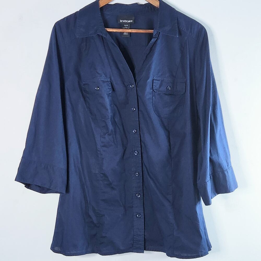 Lane Bryant Womens Navy Blue Roll Tab 3/4 Sleeve Button Up Blouse Size 18/20